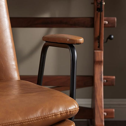 Art Leon Desk Chair No Wheels, Set of 2, Mid Century Modern Swivel Chair with Oak Wood Legs, Faux Leather Home Office Desk Chairs for Bedroom Living Room, Yellow Brown