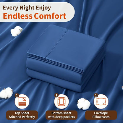 LBRO2M 1000 Thread Count 100% Egyptian Cotton Sheets Set Twin, 3 Piece Sets Bed Sheet Deep Pocket Sheet Set 16" Soft Comfortable All Season (Twin, Navy Blue)
