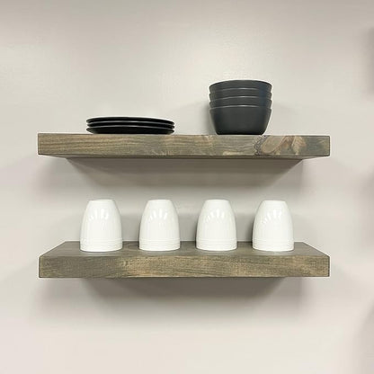 URBANDI, Rustic Floating Shelves, Set of 2, Hidden Bracket, Solid Wood, Heavy Duty, Wall Mounted Shelves, (Grey, 48Wx6D)