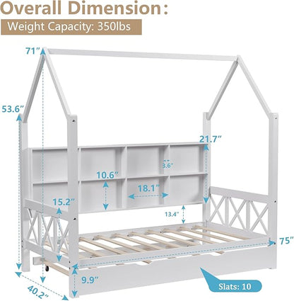 Twin House Bed for Kids with Trundle and Storage Shelves, Montessori Bed with Guardrails and Wood Slats, Platform Bed with Headboard for Boys Girls, 74.4" L x 40.2" W x 71" H, White