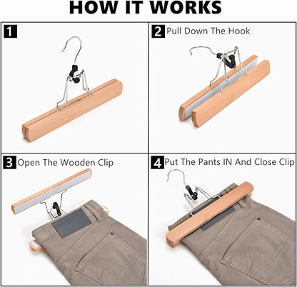 Amber Home 10 Pack Natural Wooden Pants Hangers, Wood Clamp Hangers with Non Slip Padded Velvet, Jeans/Slacks Hangers Hair Extension Hangers for Skirts, Trousers, Wigs (Natural, 10)