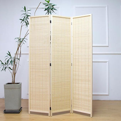Furnnylane 3 Panel Room Divider and Folding Panel Screen,Bamboo Panel Divider Screen for Room Separation,Beige,67" H x 46" W
