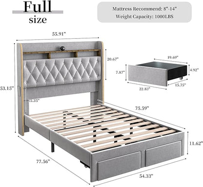 Full LED Bed Frame with Storage Drawers, Velvet Upholstered Platform Beds with Galaxy Star Projector Charging Station Speaker, Aurora Bedframe with 2-Tier Storage Headboard, Noise-Free, Grey