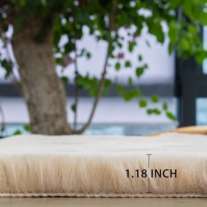 Camel Washable Shag Area Rugs for Living Room Small Plush Faux Bunny Shaggy Fur Round Rugs 4ft Cute Room Nursery Rug