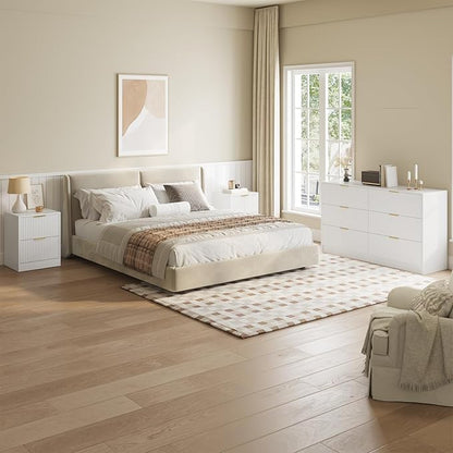 6 Drawer Dresser and Nightstand Set 3-Piece, 55” Wide Bedroom Dressers & Night Stand Set of 2 with Metal Handle, Fluted Modern Wood Chest of Drawers Storage Dressers Set for Bedroom, White