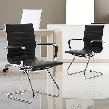 Wahson Office Guest Chairs Set of 2, Leather Reception Chairs, Mid Back Waiting Room Chair, Conference Chairs with Sled Base, Desk Chair No Wheels for Meeting/Lobby/Restroom, Black