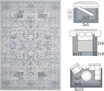 jinchan 8x10 Area Rugs for Living Room Washable Soft Throw Rug Ultra-Thin Stain Resistant Non-Slip Distressed Vintage Floral Large Carpet for Bedroom,Dining Room,Home Office,Nursery (8x10ft,Grey)