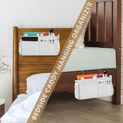KOPIRIT White Bedside Caddy Storage Bag Bedside Organizer for Bunk Bed Headboards College Hanging Storage Organizer 6 Pockets with Hooks for Drinks Magazine Phone Holder