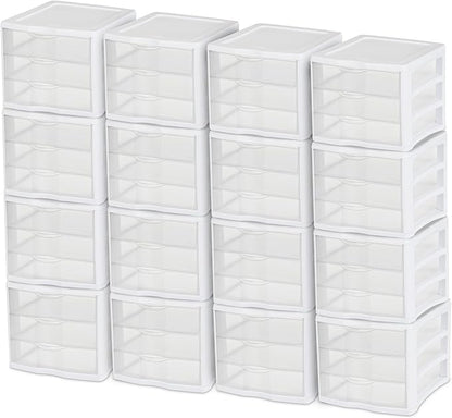Sterilite ClearView Compact Stacking 3 Drawer Storage Organizer System for Crafting Supplies, Home Office, or Dorm Room, (16 Pack)
