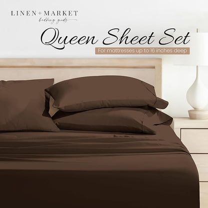 Linen Market Brushed Microfiber Queen Sheet Set 4 Piece – Oeko-TEX Certified Ultra Soft & Wrinkle-Free - 16" Deep Pocket Sheets - Easy Care Queen Size - Chocolate