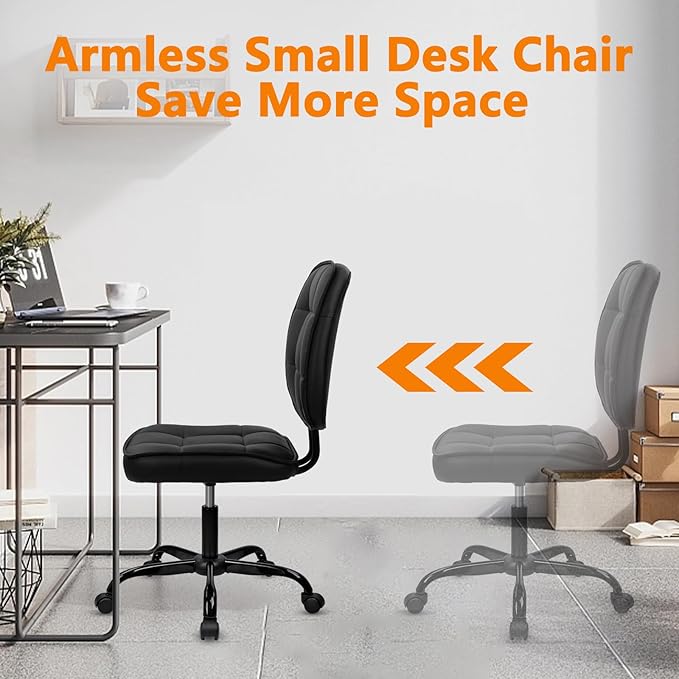 CLATINA Armless Home Office Chair with Lumbar Support and Wheels, Small PU Leather Ergonomic Low Back Desk Chairs No Arms, Adjustable Height 360° Swivel Rolling Computer Task Chair, Black, 4 Pack