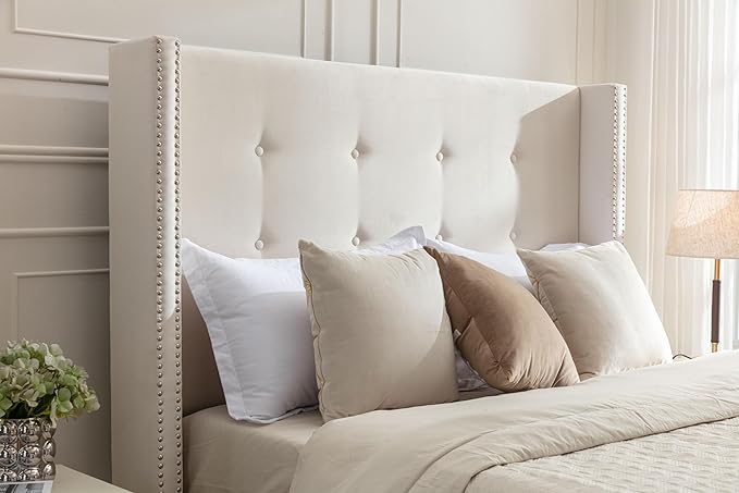 Queen Size Upholstered Bed Frame, 54" Tall Headboard Platform Bedframes with Nail Head Decorative Wingback, Hand Buttoned Tufting Headboard Beds/No Box Spring Needed/Minimalism, Ivory Velvet