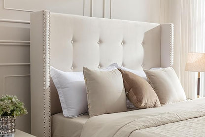 Queen Size Upholstered Bed Frame, 54" Tall Headboard Platform Bedframes with Nail Head Decorative Wingback, Hand Buttoned Tufting Headboard Beds/No Box Spring Needed/Minimalism, Ivory Velvet
