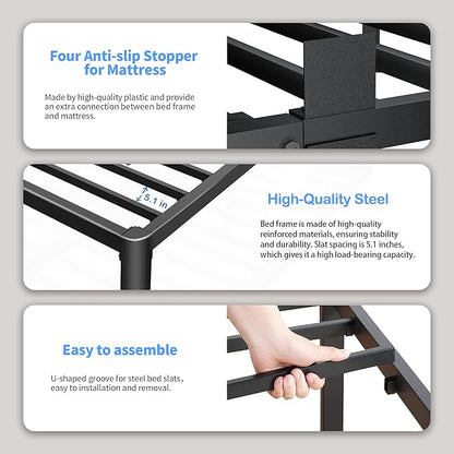 ROIL 12 inch Metal Queen Bed Frame with Rounded Corner and Headboard Hole Mattress Retainers 3500LBS Heavy Duty Steel Slats No Box Spring Needed Platform Noise-Free Easy Assemble