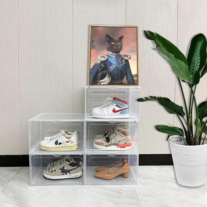 8 PACK XL Shoe Storage Box,Drop Side Sneaker Display Case,Shoe Boxes Clear Plastic Stackable 13.4”x 10.6”x 8.3” Fit up to US 13 (Clear 8Pack)