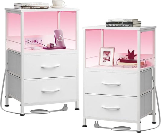 WLIVE White Night Stand Set of 2 with Charger Station, LED Nightstand with 2 Fabric Drawers and Storage Shelf, Bedside Tables with 3 USB Ports and 2 Outlets, Small Dresser for Bedroom,Small Space
