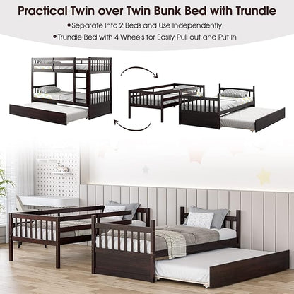 Giantex Twin Over Twin Bunk Bed with Trundle, Convertible Platform Bed Frame with Ladder & Solid Wood Frame, Space-Saving Bunk Bed for Teens & Adults, No Box Spring Needed, Espresso