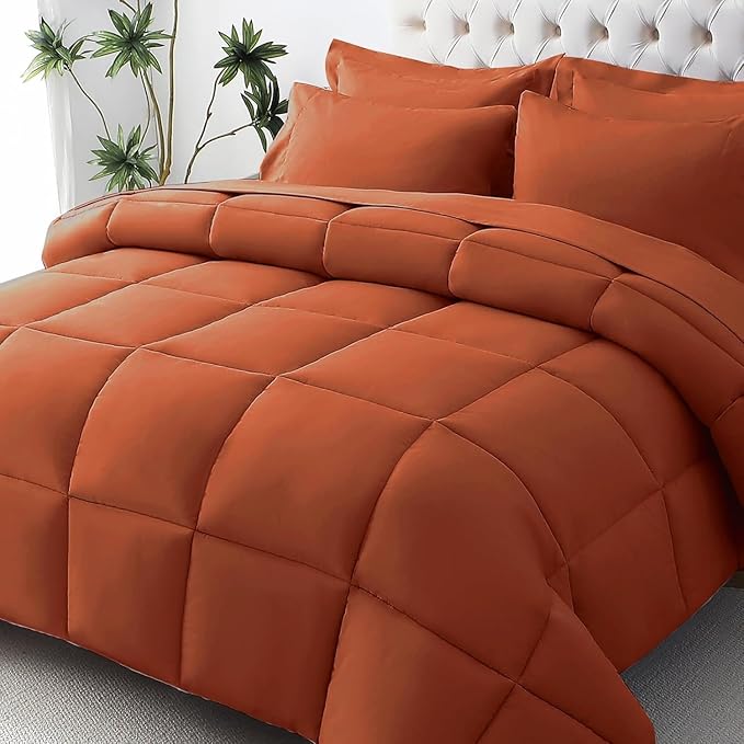 JOLLYVOGUE Queen Comforter Set, Ultra-Soft Bed in a Bag Queen Size 7 Pieces, Oeko-TEX Certified Bedding Set with Down Alternative Comforter, Sheets, Pillowcases & Shams, Burnt Orange