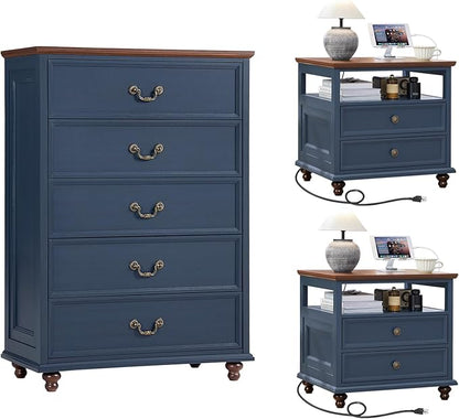 24" Wide Farmhouse Nightstand with Charging Station Set of 2, 45" Tall Rustic Chests of 5 Drawers w/ 4 Solid Wood Feet, Farmhouse Furniture Series for Living Room,Bedroom,DarkBlue
