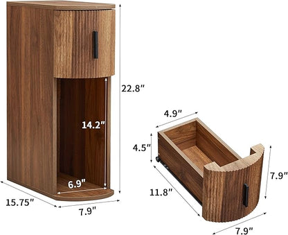 Narrow Nightstand Set of 2, Fluted Small Night Stand, Slim Curved Storage End Table with Drawer, Mid Century Modern Wooden Bedside Cabinet for Living Room, Bedroom,Small Spaces, Walnut