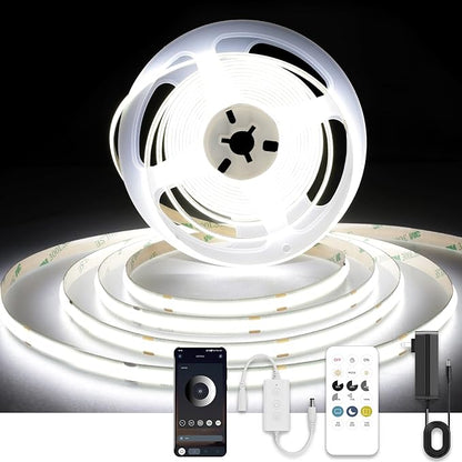 COB LED Strip Lights with Remote, 24V 9.84ft White Dimmable LED Light Strips, High Bright 6000K LED Lights with Power Supply for Room, Kitchen, DIY Home Decoration