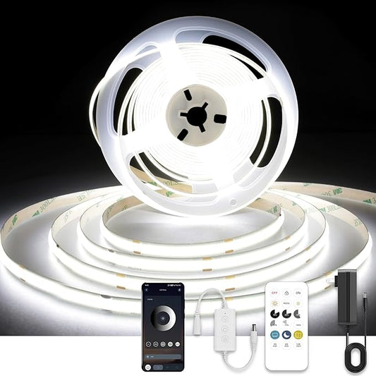 COB LED Strip Lights with Remote, 24V 9.84ft White Dimmable LED Light Strips, High Bright 6000K LED Lights with Power Supply for Room, Kitchen, DIY Home Decoration