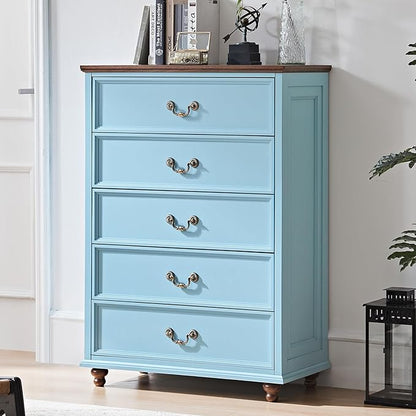 Farmhouse 5 Drawer Dresser for Bedroom, 45" Tall Rustic Chests of Drawers w/ 4 Solid Wood Feet, Mid Century Modern Wooden Closet Storage Dressers Organizer for Living Room, Hallway, Light Blue