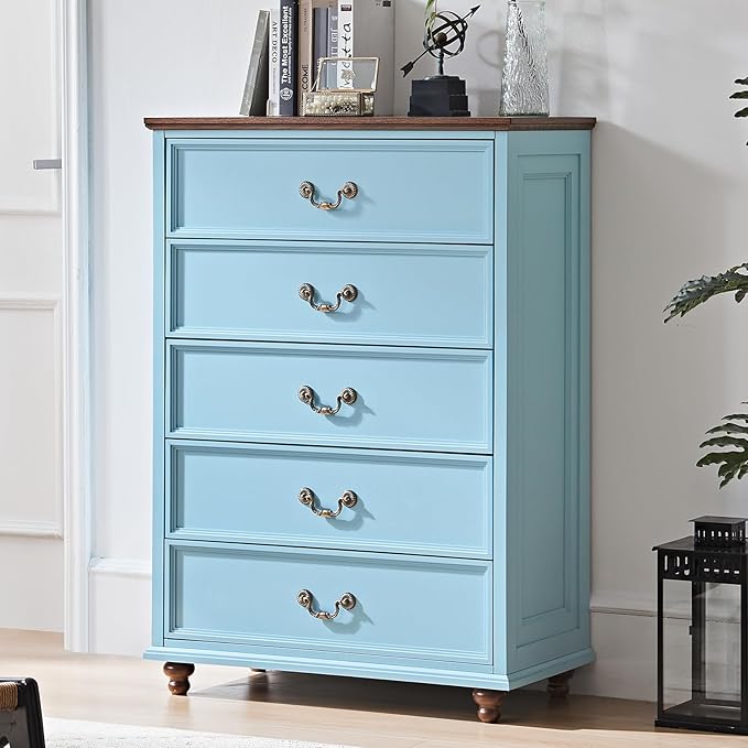 24" Wide Farmhouse Nightstand Set of 2, 54" 7 Drawers Dresser, 45" Tall Rustic Chests of 5 Drawers w/ 4 Solid Wood Feet, Farmhouse Furniture Series for Living Room,Bedroom,LightBlue