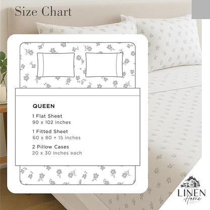 Linen Home 100% Cotton Printed Percale Sheets Queen Size, Deep Pocket, 4 Pieces Set - 1 Flat, 1 Deep Pocket Fitted Sheet and 2 Pillowcases, Crisp Cool and Strong Bed Linen, Grey Silhouette Floral