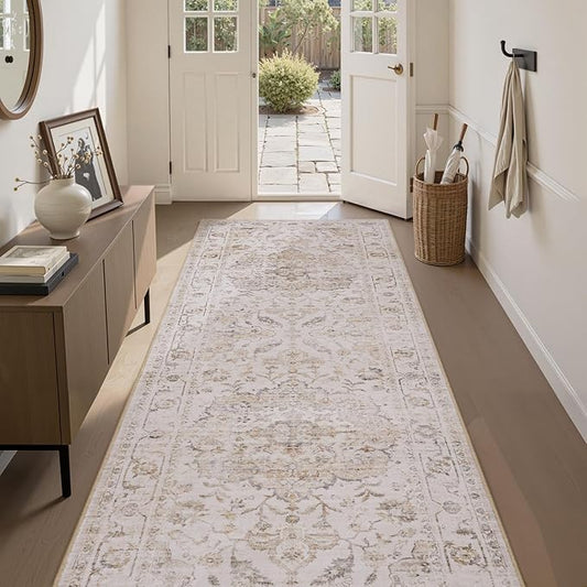 PADOOR 2X10 Runner Rug,Runners for Hallways,Soft Beige Washable Bedside Rugs for Bedroom,Non Slip Long Rug for Hallways Entryway Laundry Room Stair Kitchen Bathroom