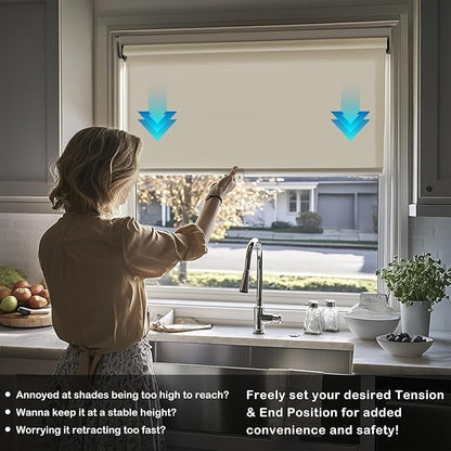 HESTIA No Drill Cordless Blackout Roller Shades Screwless Waterproof Shower Window Blinds, Auto-Retraction Easy Install Blind for Bathroom/Kitchen/Office/Exterior, Cream, 37" W x 54" H