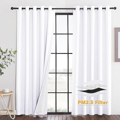 RYB HOME PM 2.5 Filter Curtains for Living Room/Bedroom, Soundproof Blackout Large Window Curtains for Dust Sandstorms Smog Pollen Odor Filtering, Pure White, W42 x L84 inch, 2 Panels