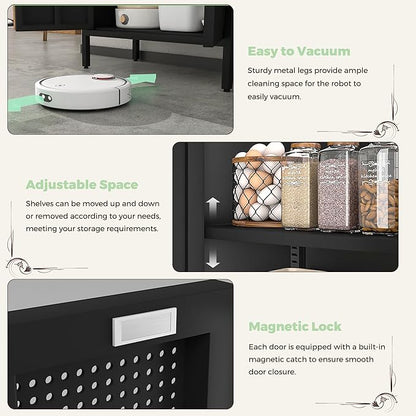 COFaR 4 Tier Black Metal Storage Cabinet, Free Standing with 2 Doors, 3 Adjustable Shelves and Legs, Cupboard Metal Cabinet for Living Room, Kitchen, Dining Room, Office