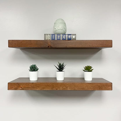 URBANDI, Rustic Floating Shelves, Set of 2, Hidden Bracket, Solid Wood, Heavy Duty, Wall Mounted Shelves, (Provincial, 24Wx6D)
