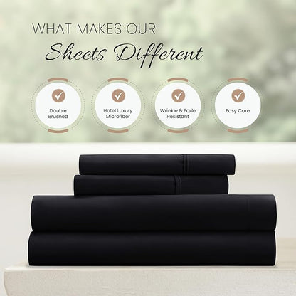 Linen Market Brushed Microfiber Queen Sheet Set 4 Piece – Oeko-TEX Certified Ultra Soft & Wrinkle-Free - 16" Deep Pocket Sheets - Easy Care Queen Size - Black