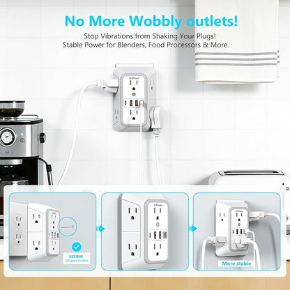 JcBlaon Multi Plug Outlet Surge Protector, Wall Charger with 6 Outlet Splitter with 4 USB Ports(PD 20W), 3-Sided 1050J Surge Protector Power Strip for Home Office Dorm Room Essentials