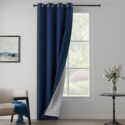 Navy Blue 3-in-1 Heavy Soundproof Curtains Full Blackout Curtains for Bedroom Energy Saving Winter Drapes Grommet Thermal Insulation Room Divider Drapes for Living Room (1 Panel, Navy Blue, 50" x 96")