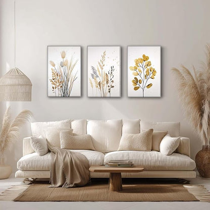 YCJKJDZ Beige Botanical Wrapped Canvas Wall Art Set of 3, Boho Watercolor Wildflower Pampas Grass Poster Neutral Leaf Art Fall Nature plant Prints for Living Room, Bedroom, Office, – 16x24 in