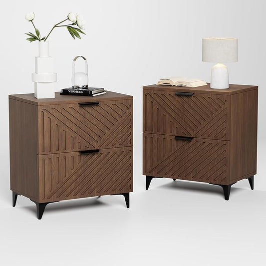Royal Windsor Small Fluted Nightstand Set of 2 with 2 Drawers, Side End Table, Small Accent Storage Cabinet,Modern Night Stand Bedside Table for Bedroom Full Size Bed, Brown
