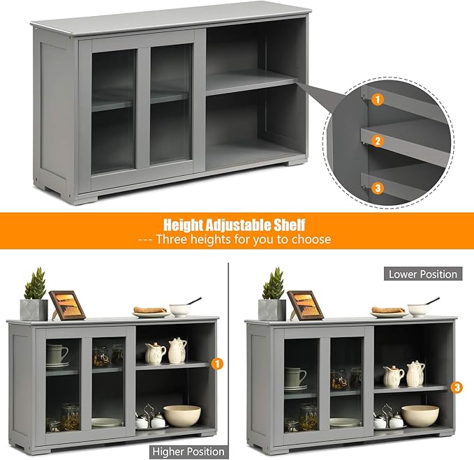 Costzon Sideboard Buffet Cabinet, Wooden Kitchen Storage Cabinet with Adjustable Shelf, Sliding Glass Doors, Accent Coffee Bar Cabinet Console Table for Living Room, Dining Room, Hallway (Grey)