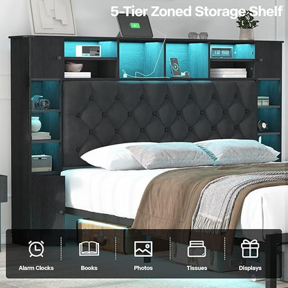 Full Size Bed Frame with Bookcase Headboard and Storage Drawers, 51.2" Metal Platform Full Bed Frame with Charging Station and LED Lights, Velvet Upholstered Tufted Bed Frames, Black
