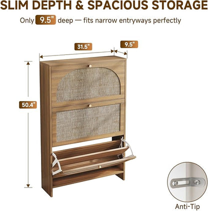 Nicetree Freestanding Ultra Slim Arched Rattan Accent Shoe Storage Cabinet for Entryway - 3 Flip Drawers & 3-Tier Adjustable Shelves, Farmhouse Modern Rustic Shoe Rack for Hallway, Foyer
