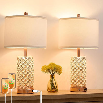 Crystal Table Lamps 3-Way Dimmable Bedroom Lamp with 2 USB Ports & AC Outlets for Living Room Retro Bedside Nightstand Lamp Night Light (Rose Gold- 1 Pack 24In)