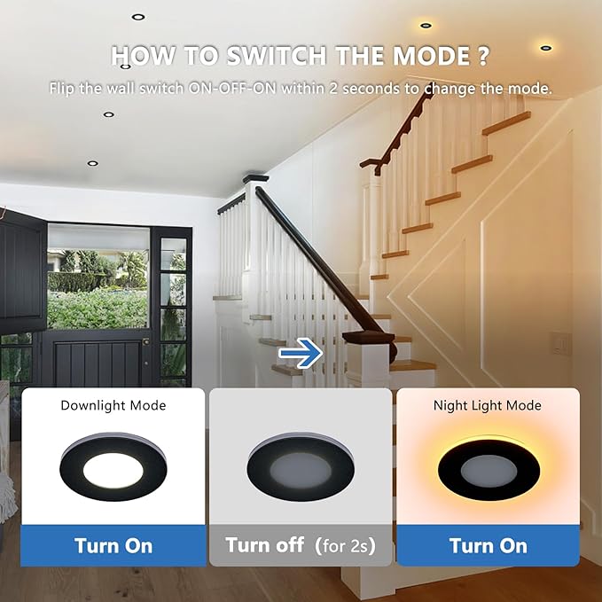 CycevSun 3 Inch Black Recessed Lights with Night Light, Dimmable & 5CCT Selectable Canless Downlight Wafer Outdoor Soffit, 6W, ETL, IC Rated, 12 Pack