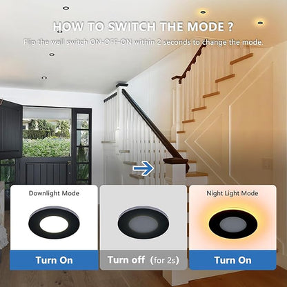 CycevSun 3 Inch Black Recessed Lights with Night Light, Dimmable & 5CCT Selectable Canless Downlight Wafer Outdoor Soffit, 6W, ETL, IC Rated, 12 Pack