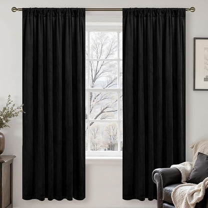 LAMIT Halloween Black Velvet Curtains for Bedroom 72 Inch, Luxury Thermal Room Darkening Drapes Back Tab and Rod Pocket Privacy Blackout Panels for Movie Theater, 2 Panels, 52 x 72 Inch