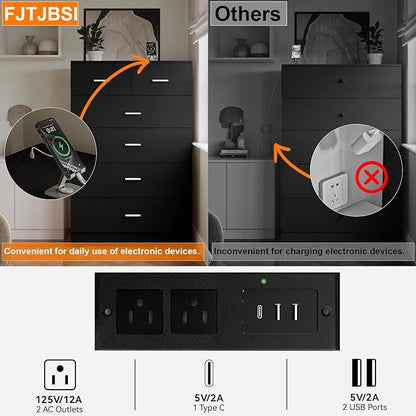 Dresser with Power Outlets Wooden 6 Drawer Dresser with Large Organizer Black Tall Storage Organizer with Smooth Metal Rail Modern Chest of Drawers Closet for Bedroom Hallway