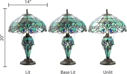 RIVER OF GOODS - Stained Glass Halston Double Lit Table Lamp - 20" H - Decorative Lamp for Bedroom - Bedside Lamp - Desk Lamps for Home Office - Tiffany Style - Green and Blue