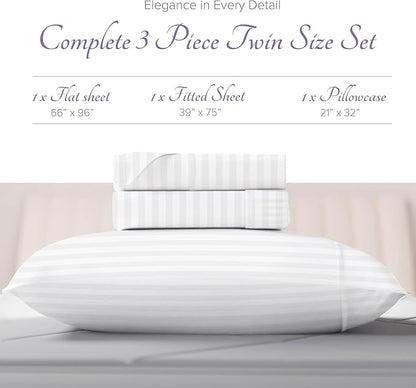 Carressa Linen Luxury Egyptian Cotton Twin Stripe Sheet Set - 600 Thread Count Extra Long Staple 3 PC Set, Crisp White Twin Damask Sheets, Soft, Cooling Sateen Weave Sheets Upto 18 in Deep Pocket