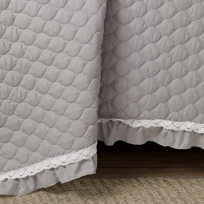 Lush Decor Ella Ruffle Lace Quilt, 3 Piece Set, Full/Queen, Light Gray - Cute Comforter - Queen Bedding Set - Gray Bedding Full Size - Coquette Decor - Ruffle Trim - Lace Trim